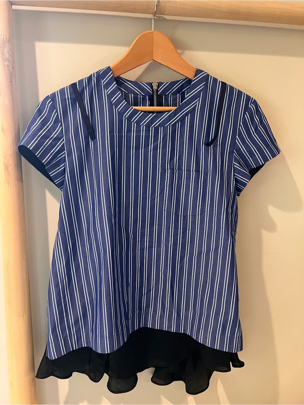 SACAI blue white striped black lace back cotton blend short sleeve top sz 2 S